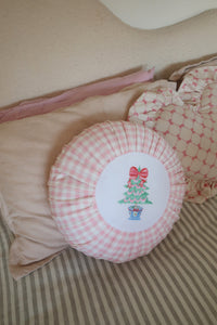 Pink Gingham Pleated Round Cushion - PRE ORDER (7215564357698)