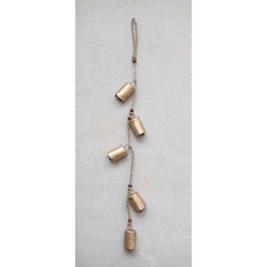 28"H Hanging Metal Bells with Wood Beads and Jute Rope (7374735999042)