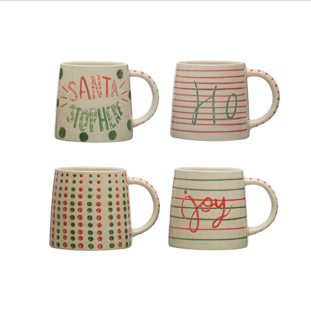 16 oz. Hand-Painted Stoneware Mug w/ Holiday Word/Pattern 4 Styles (7374740095042)