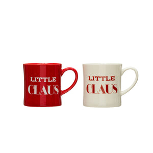 3-1/4" Round x 3-1/2"H 8 oz. Stoneware Mug "Little Claus", Red & White, 2 Styles (7374742224962)