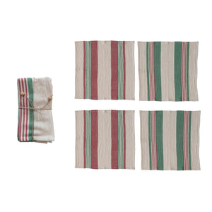 18" Square Cotton Napkins w/ Stripes & Jute & Wood Ring Tie Set of 4 (7374743601218)