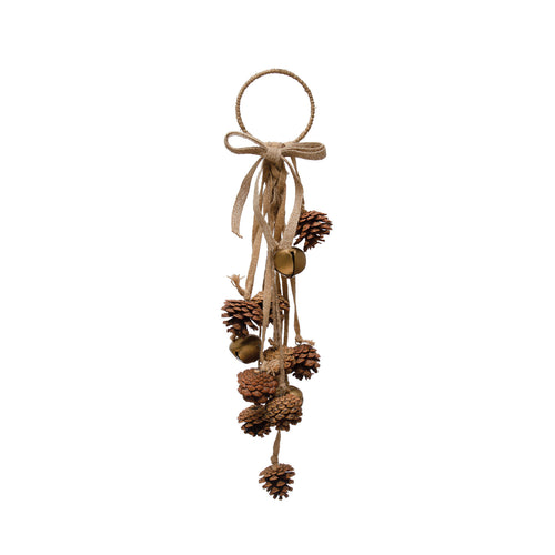 Metal Ring Door Hanger w/ Natural Pinecones, Jingle Bells & Jute Bow, Gold Finish (7374744518722)