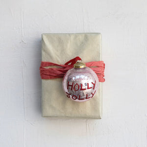 Hand-Painted Mercury Glass Ball Ornament w/ Red Glitter "Holly Jolly", Pink (7374744649794)