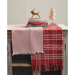 Hand-Woven Cotton Chindi Table Runner w/ Fringe, Red & White Plaid (7374749401154)