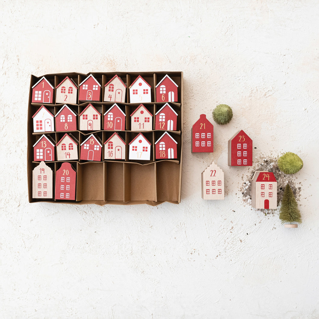 Wood Advent Calendar Houses, Red, White & Natural, Boxed Set of 24 (7374757232706)