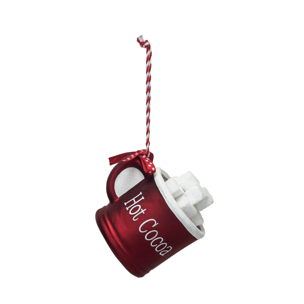 Glass Hot Cocoa Mug Ornament w/ Polka Dot Ribbon 