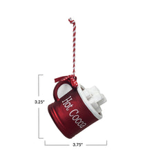 Load image into Gallery viewer, Glass Hot Cocoa Mug Ornament w/ Polka Dot Ribbon &quot;Hot Cocoa&quot;, Red &amp; White (7374759329858)