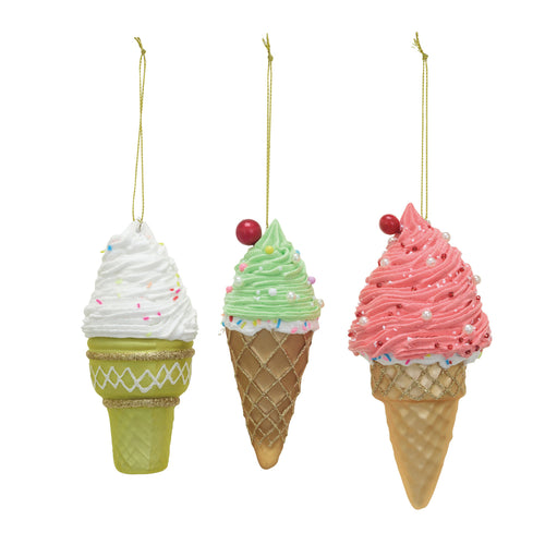 Glass & Clay Dough Ice Cream Cone Ornament w/ Glitter & Beads, 3 Styles (7374760378434)