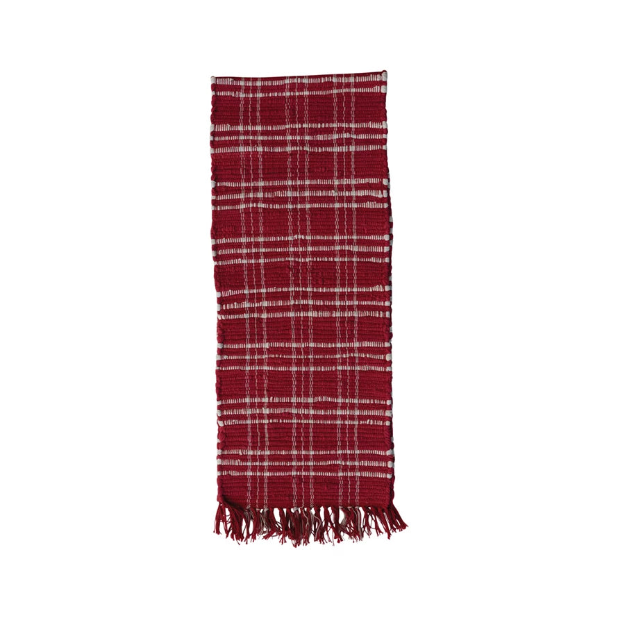 Hand-Woven Cotton Chindi Table Runner w/ Fringe, Red & White Plaid (7374749401154)