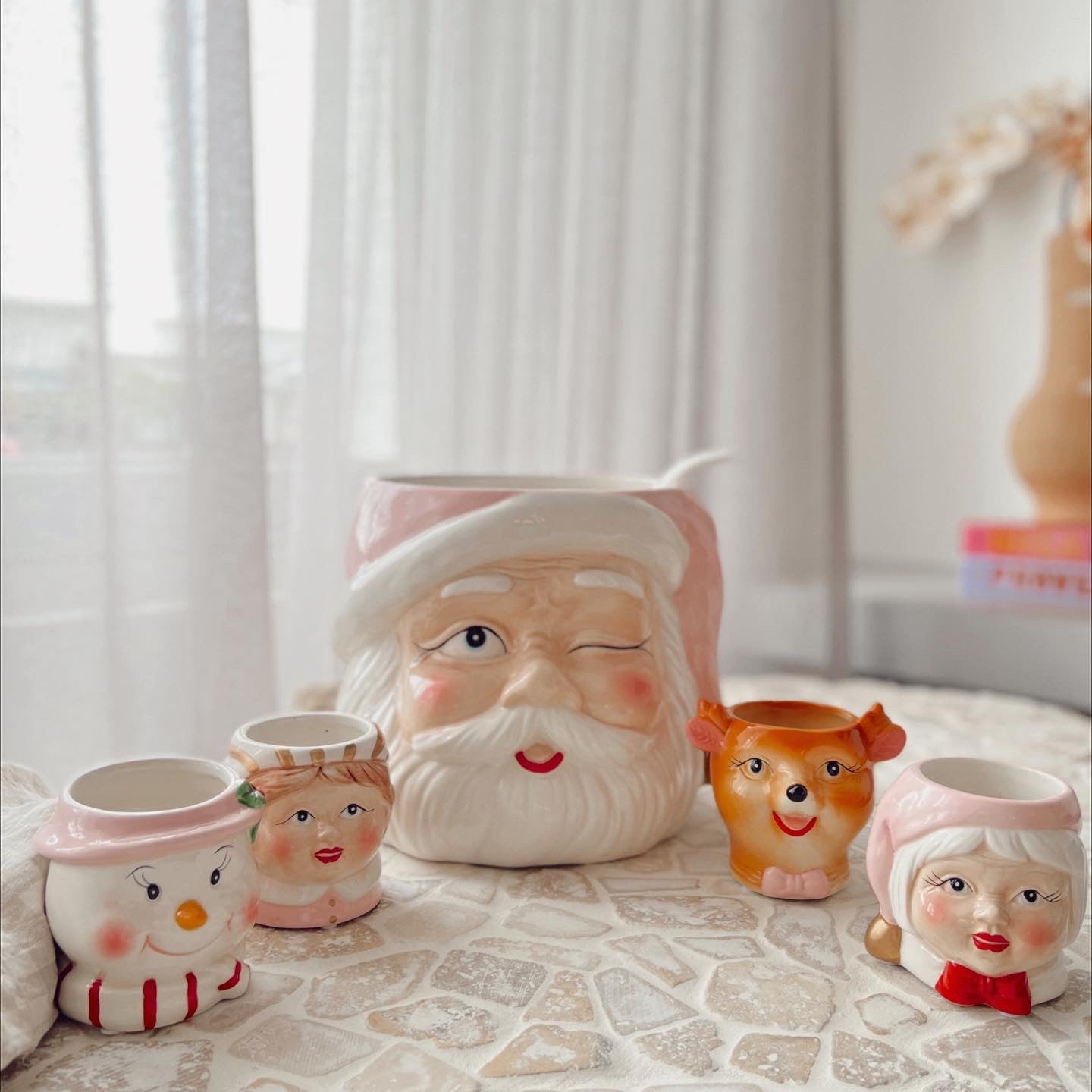 Vintage Ceramic Christmas Santa Head shops Punch Bowl and Mugs